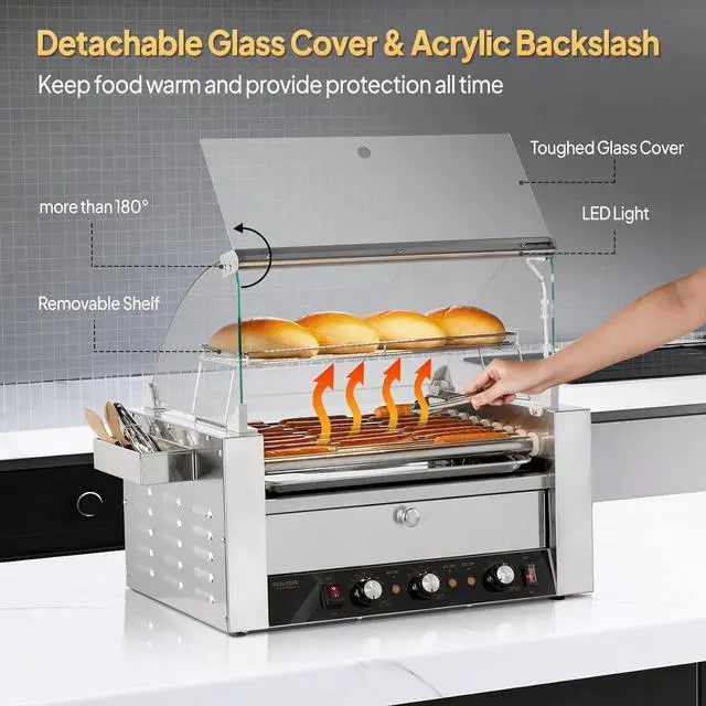 Alt view image 4 of 7 - ROVSUN Hot Dog Roller, 24 Hot Dog 9 Rollers ETL Certified, Hot Dog Machine with Bun Warmer, Dual Temp Control, Glass Cover, LED, Side Storage Box, Shelf & Drip Tray for Party Home Commercial 1500W