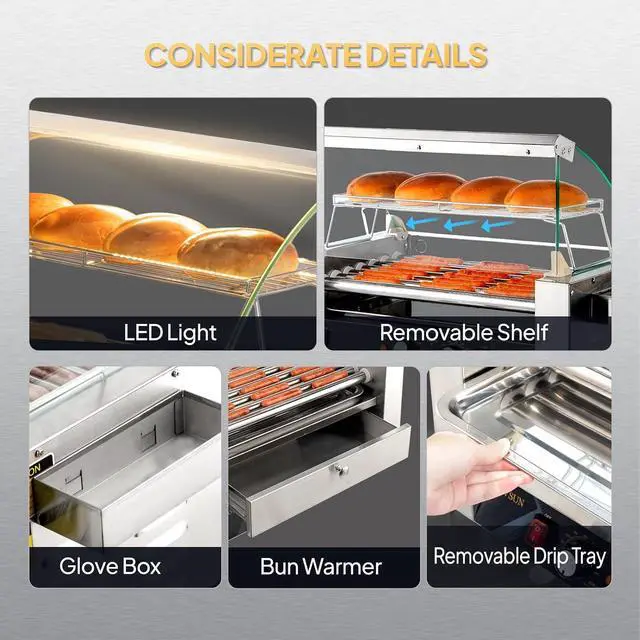 Alt view image 5 of 7 - ROVSUN Hot Dog Roller, 24 Hot Dog 9 Rollers ETL Certified, Hot Dog Machine with Bun Warmer, Dual Temp Control, Glass Cover, LED, Side Storage Box, Shelf & Drip Tray for Party Home Commercial 1500W