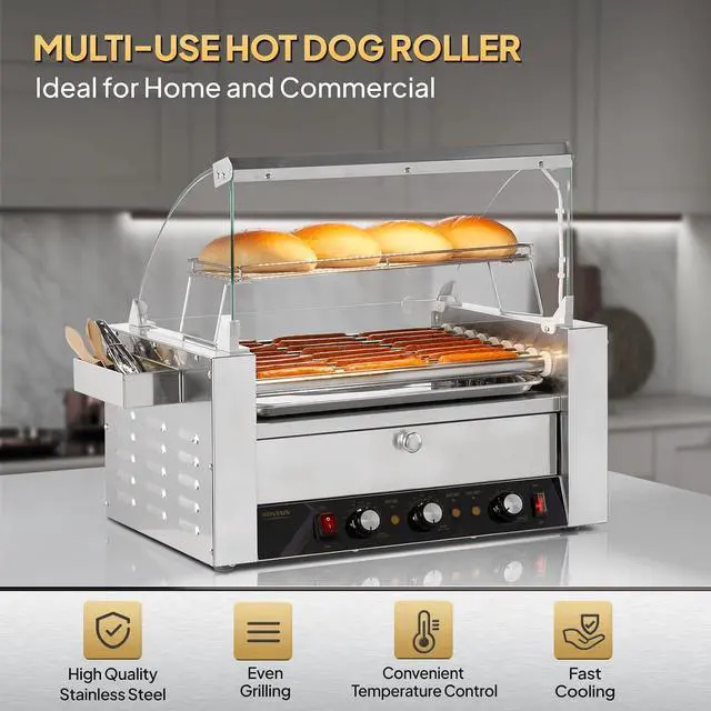 Alt view image 6 of 7 - ROVSUN Hot Dog Roller, 24 Hot Dog 9 Rollers ETL Certified, Hot Dog Machine with Bun Warmer, Dual Temp Control, Glass Cover, LED, Side Storage Box, Shelf & Drip Tray for Party Home Commercial 1500W