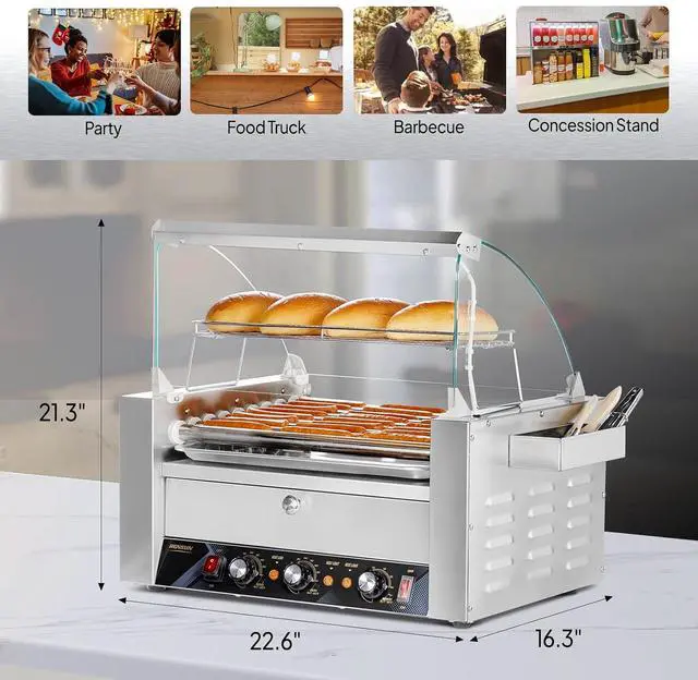 Alt view image 7 of 7 - ROVSUN Hot Dog Roller, 24 Hot Dog 9 Rollers ETL Certified, Hot Dog Machine with Bun Warmer, Dual Temp Control, Glass Cover, LED, Side Storage Box, Shelf & Drip Tray for Party Home Commercial 1500W