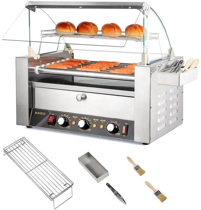 Main image of ROVSUN Hot Dog Roller, 18 Hot Dog 7 Rollers ETL Certified, Hot Dog Machine with Bun Warmer, Dual Temp Control, Glass Cover, LED, Side Storage Box, Shelf & Drip Tray for Home Commercial 1200W
