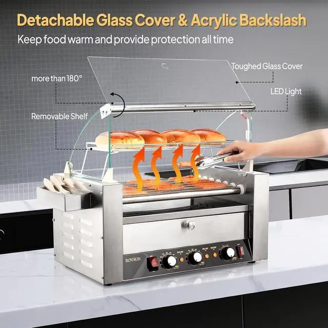 Alt view image 4 of 7 - ROVSUN Hot Dog Roller, 18 Hot Dog 7 Rollers ETL Certified, Hot Dog Machine with Bun Warmer, Dual Temp Control, Glass Cover, LED, Side Storage Box, Shelf & Drip Tray for Home Commercial 1200W