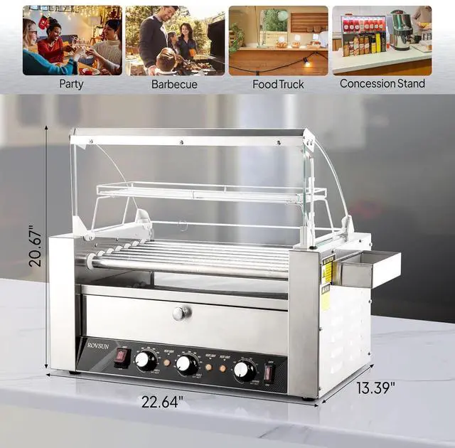 Alt view image 7 of 7 - ROVSUN Hot Dog Roller, 18 Hot Dog 7 Rollers ETL Certified, Hot Dog Machine with Bun Warmer, Dual Temp Control, Glass Cover, LED, Side Storage Box, Shelf & Drip Tray for Home Commercial 1200W