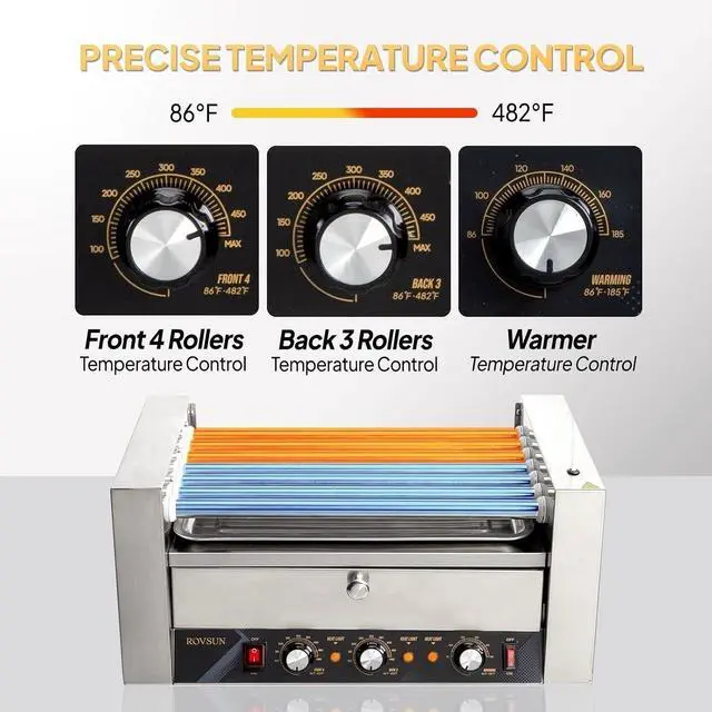 Alt view image 3 of 7 - ROVSUN Hot Dog Roller, 18 Hot Dog 7 Rollers ETL Certified, Hot Dog Machine with Bun Warmer, Dual Temp Control, Glass Cover, LED, Side Storage Box, Shelf & Drip Tray for Home Commercial 1200W
