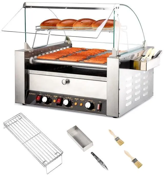 Main image of ROVSUN Hot Dog Roller, 30 Hot Dog 11 Rollers ETL Certified, Hot Dog Machine with Bun Warmer, Dual Temp Control, Glass Cover, LED, Side Storage Box, Shelf & Drip Tray for Home Commercial 2000W