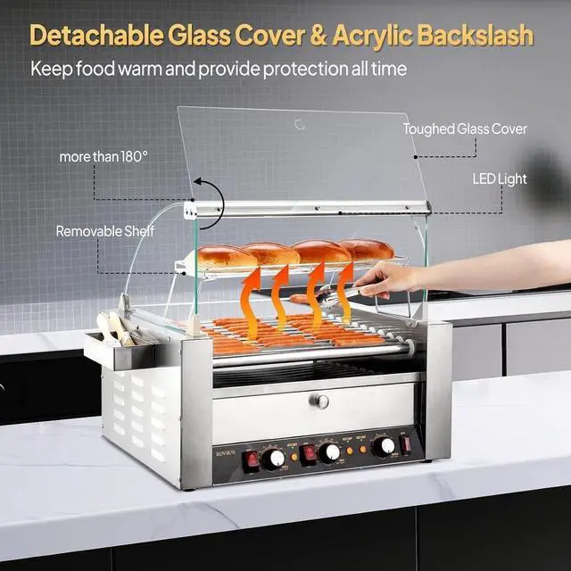Alt view image 4 of 7 - ROVSUN Hot Dog Roller, 30 Hot Dog 11 Rollers ETL Certified, Hot Dog Machine with Bun Warmer, Dual Temp Control, Glass Cover, LED, Side Storage Box, Shelf & Drip Tray for Home Commercial 2000W