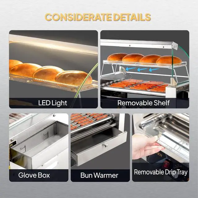 Alt view image 5 of 7 - ROVSUN Hot Dog Roller, 18 Hot Dog 7 Rollers ETL Certified, Hot Dog Machine with Bun Warmer, Dual Temp Control, Glass Cover, LED, Side Storage Box, Shelf & Drip Tray for Home Commercial 1200W
