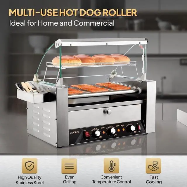 Alt view image 6 of 7 - ROVSUN Hot Dog Roller, 18 Hot Dog 7 Rollers ETL Certified, Hot Dog Machine with Bun Warmer, Dual Temp Control, Glass Cover, LED, Side Storage Box, Shelf & Drip Tray for Home Commercial 1200W