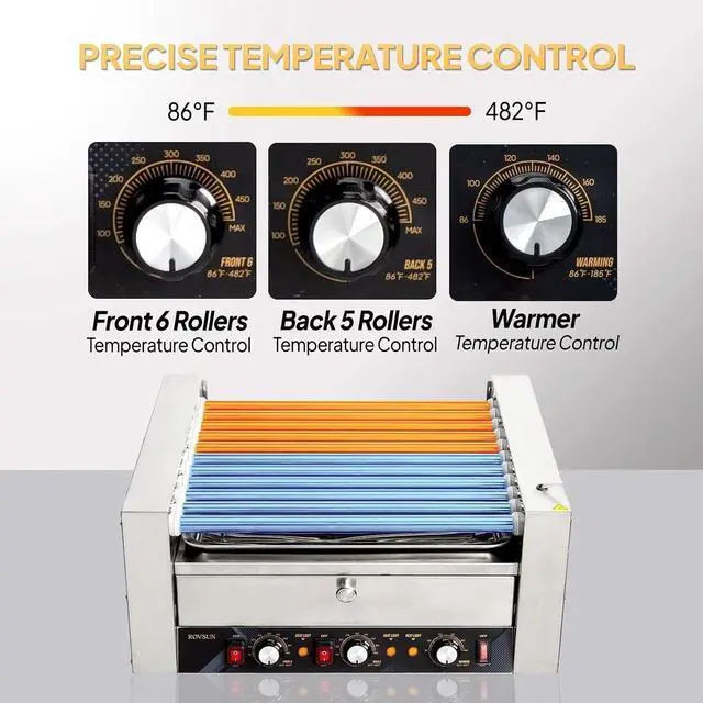 Alt view image 3 of 7 - ROVSUN Hot Dog Roller, 30 Hot Dog 11 Rollers ETL Certified, Hot Dog Machine with Bun Warmer, Dual Temp Control, Glass Cover, LED, Side Storage Box, Shelf & Drip Tray for Home Commercial 2000W