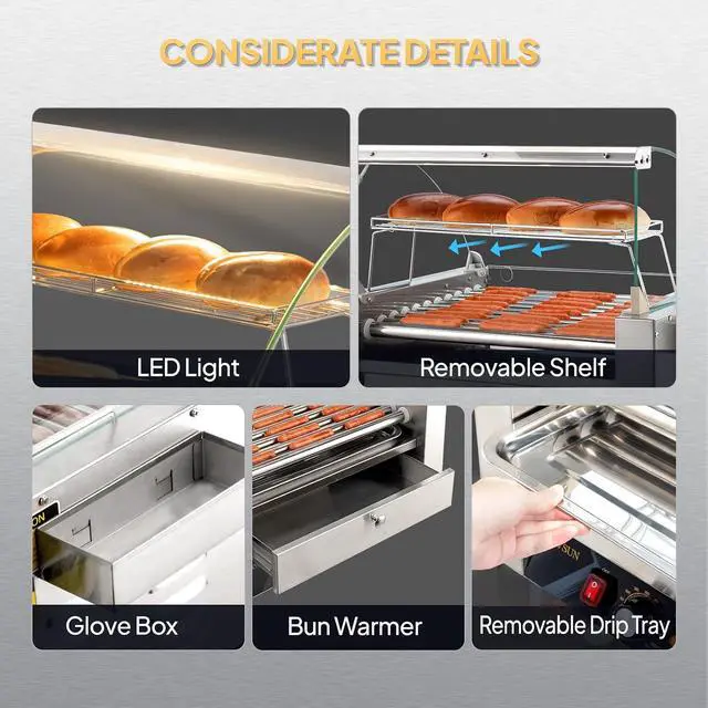 Alt view image 5 of 7 - ROVSUN Hot Dog Roller, 30 Hot Dog 11 Rollers ETL Certified, Hot Dog Machine with Bun Warmer, Dual Temp Control, Glass Cover, LED, Side Storage Box, Shelf & Drip Tray for Home Commercial 2000W