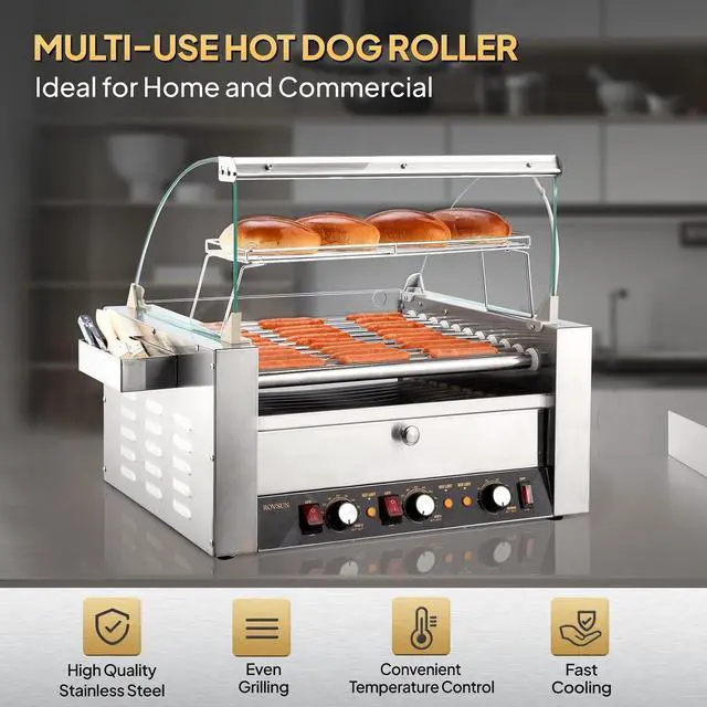 Alt view image 6 of 7 - ROVSUN Hot Dog Roller, 30 Hot Dog 11 Rollers ETL Certified, Hot Dog Machine with Bun Warmer, Dual Temp Control, Glass Cover, LED, Side Storage Box, Shelf & Drip Tray for Home Commercial 2000W