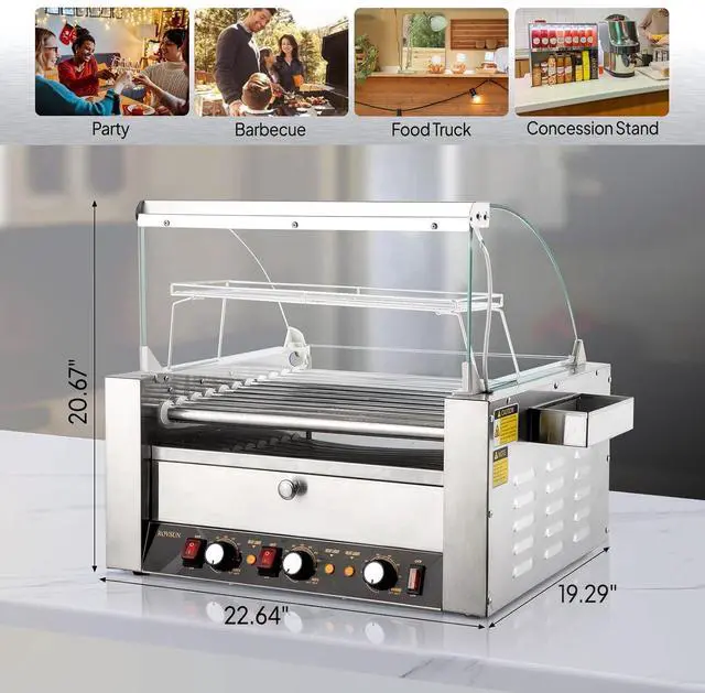 Alt view image 7 of 7 - ROVSUN Hot Dog Roller, 30 Hot Dog 11 Rollers ETL Certified, Hot Dog Machine with Bun Warmer, Dual Temp Control, Glass Cover, LED, Side Storage Box, Shelf & Drip Tray for Home Commercial 2000W