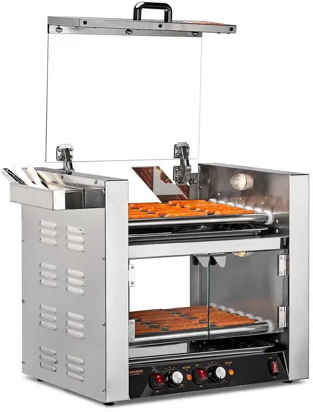 Main image of ROVSUN 2 Tier Hot Dog Roller, 36 Hot Dog 7 Rollers ETL Certified, Hot Dog Machine Sausage Grill with Dual Temp Control, Glass Cover, Light, Side Storage Box & Drip Tray for Home Commercial 2100W