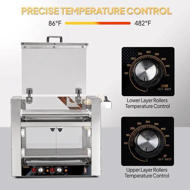 Alt view image 3 of 7 - ROVSUN 2 Tier Hot Dog Roller, 36 Hot Dog 7 Rollers ETL Certified, Hot Dog Machine Sausage Grill with Dual Temp Control, Glass Cover, Light, Side Storage Box & Drip Tray for Home Commercial 2100W