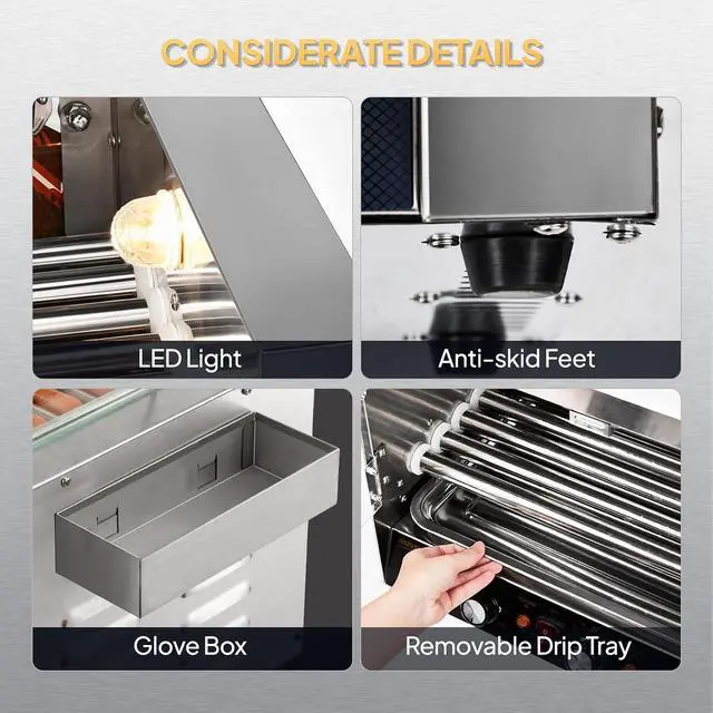 Alt view image 6 of 7 - ROVSUN 2 Tier Hot Dog Roller, 36 Hot Dog 7 Rollers ETL Certified, Hot Dog Machine Sausage Grill with Dual Temp Control, Glass Cover, Light, Side Storage Box & Drip Tray for Home Commercial 2100W