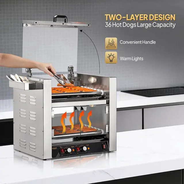 Alt view image 4 of 7 - ROVSUN 2 Tier Hot Dog Roller, 36 Hot Dog 7 Rollers ETL Certified, Hot Dog Machine Sausage Grill with Dual Temp Control, Glass Cover, Light, Side Storage Box & Drip Tray for Home Commercial 2100W