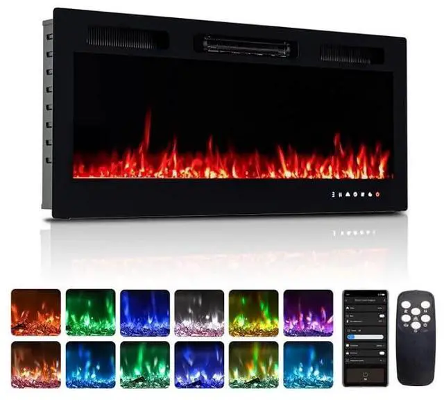 Main image of ROVSUN 42'' Electric Fireplace, 2-in-1 Ultra-Thin Wall Mounted & Recessed Fireplace with Remote & APP Control, 1500W Wall Heater w/ 12 Flame Color, 5 Brightness, Timer, Crystal Set