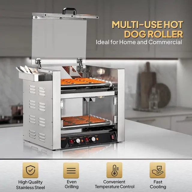 Alt view image 5 of 7 - ROVSUN 2 Tier Hot Dog Roller, 36 Hot Dog 7 Rollers ETL Certified, Hot Dog Machine Sausage Grill with Dual Temp Control, Glass Cover, Light, Side Storage Box & Drip Tray for Home Commercial 2100W