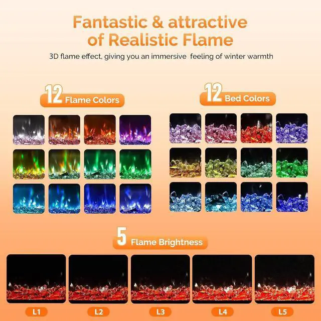Alt view image 4 of 7 - ROVSUN 42'' Electric Fireplace, 2-in-1 Ultra-Thin Wall Mounted & Recessed Fireplace with Remote & APP Control, 1500W Wall Heater w/ 12 Flame Color, 5 Brightness, Timer, Crystal Set