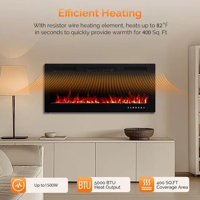 Alt view image 2 of 7 - ROVSUN 42'' Electric Fireplace, 2-in-1 Ultra-Thin Wall Mounted & Recessed Fireplace with Remote & APP Control, 1500W Wall Heater w/ 12 Flame Color, 5 Brightness, Timer, Crystal Set