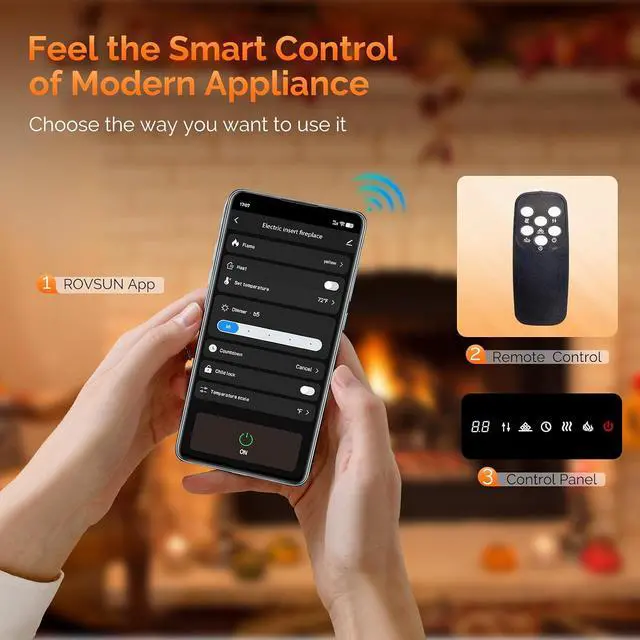Alt view image 3 of 7 - ROVSUN 42'' Electric Fireplace, 2-in-1 Ultra-Thin Wall Mounted & Recessed Fireplace with Remote & APP Control, 1500W Wall Heater w/ 12 Flame Color, 5 Brightness, Timer, Crystal Set