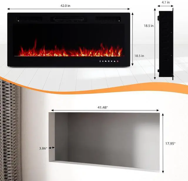 Alt view image 6 of 7 - ROVSUN 42'' Electric Fireplace, 2-in-1 Ultra-Thin Wall Mounted & Recessed Fireplace with Remote & APP Control, 1500W Wall Heater w/ 12 Flame Color, 5 Brightness, Timer, Crystal Set