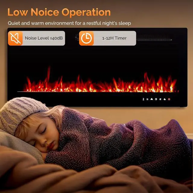 Alt view image 5 of 7 - ROVSUN 42'' Electric Fireplace, 2-in-1 Ultra-Thin Wall Mounted & Recessed Fireplace with Remote & APP Control, 1500W Wall Heater w/ 12 Flame Color, 5 Brightness, Timer, Crystal Set