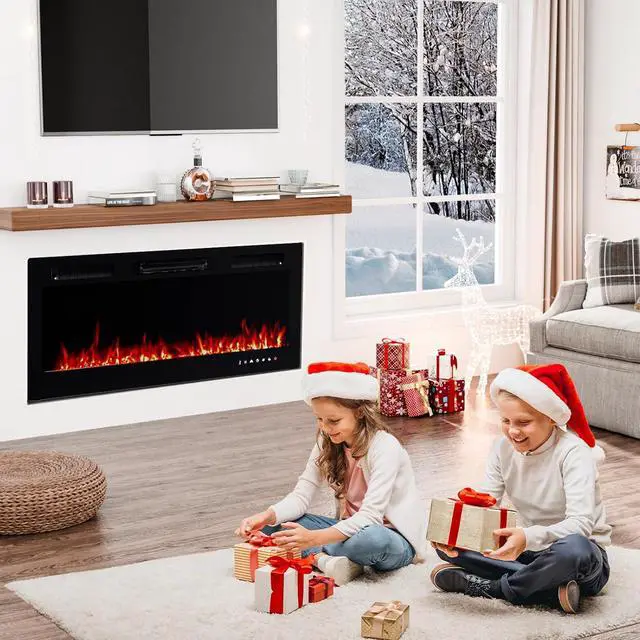Alt view image 7 of 7 - ROVSUN 42'' Electric Fireplace, 2-in-1 Ultra-Thin Wall Mounted & Recessed Fireplace with Remote & APP Control, 1500W Wall Heater w/ 12 Flame Color, 5 Brightness, Timer, Crystal Set