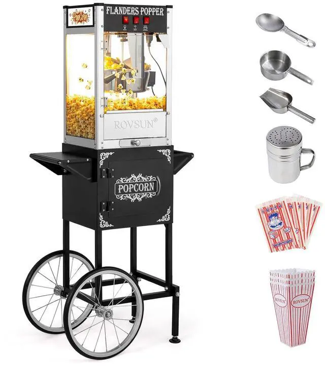 Main image of ROVSUN Popcorn Machine with Cart, Wheels & 8 Ounce Kettle Makes Up to 32 Cups, Popcorn Maker with Popcorn Scoop, Oil Spoon & 3 Popcorn Cups Movie Theater Style for Commercial Home, ETL Certified