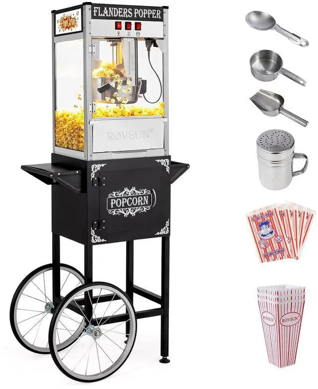 Main image of ROVSUN Popcorn Machine Movie Theater Style with Cart & Wheels, 10 Ounce Kettle Makes Up to 4 Gallons Popcorn Maker with Popcorn Scoop, Oil Spoon, Popcorn Cups & Bags for Commercial Home, ETL Certified