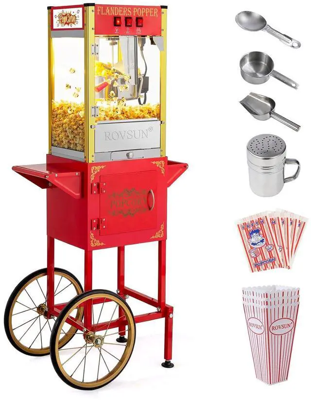 Main image of ROVSUN Popcorn Machine Movie Theater Style with Cart & Wheels, 8 Ounce Kettle Makes Up to 32 Cups Popcorn Maker with Popcorn Scoop, Oil Spoon & 3 Popcorn Cups for Commercial Home, ETL, Red