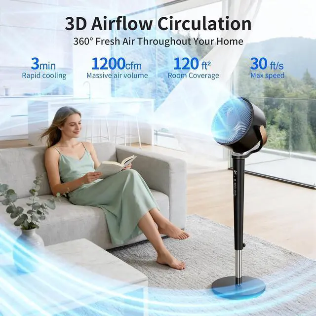 Alt view image 2 of 7 - Pedestal Fan for Bedroom,38-46" Adjustable Height,120°+120°Omnidirectional Oscillating Standing Fan,Quiet Floor Fan with DC Motor,16 Speeds,4 Modes Circulator with Remote,12H Timer,Black