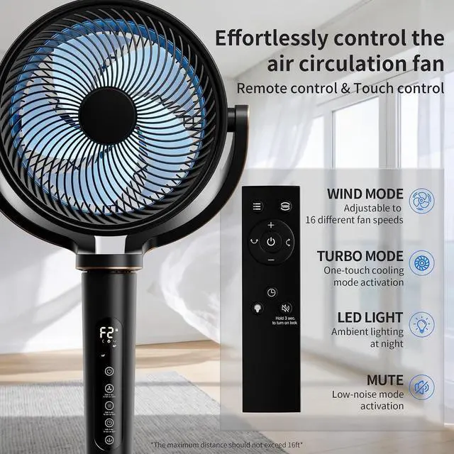 Alt view image 4 of 7 - Pedestal Fan for Bedroom,38-46" Adjustable Height,120°+120°Omnidirectional Oscillating Standing Fan,Quiet Floor Fan with DC Motor,16 Speeds,4 Modes Circulator with Remote,12H Timer,Black