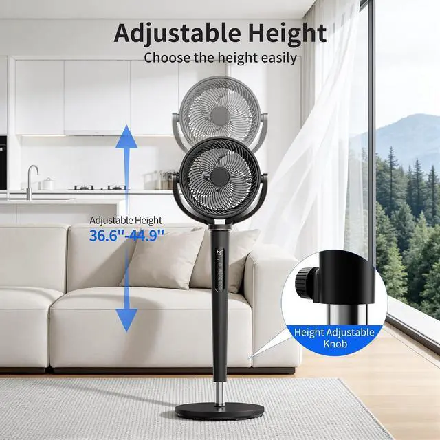 Alt view image 7 of 7 - Pedestal Fan for Bedroom,38-46" Adjustable Height,120°+120°Omnidirectional Oscillating Standing Fan,Quiet Floor Fan with DC Motor,16 Speeds,4 Modes Circulator with Remote,12H Timer,Black