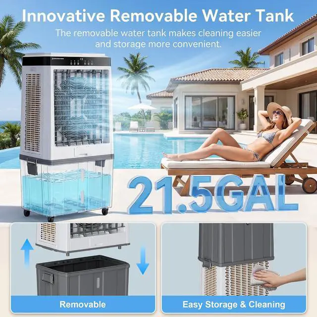 Alt view image 7 of 7 - 48" Large Swamp Cooler,6288 CFM Evaporative Air Cooler,21.5 Gal Water Tank Portable Air Cooler,120°Oscillation with Remote Control,12H Timer,3 Modes & Wind Speeds for Outdoor Indoor Use,Black