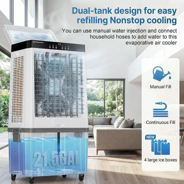 Alt view image 3 of 7 - 48" Large Swamp Cooler,6288 CFM Evaporative Air Cooler,21.5 Gal Water Tank Portable Air Cooler,120°Oscillation with Remote Control,12H Timer,3 Modes & Wind Speeds for Outdoor Indoor Use,Black