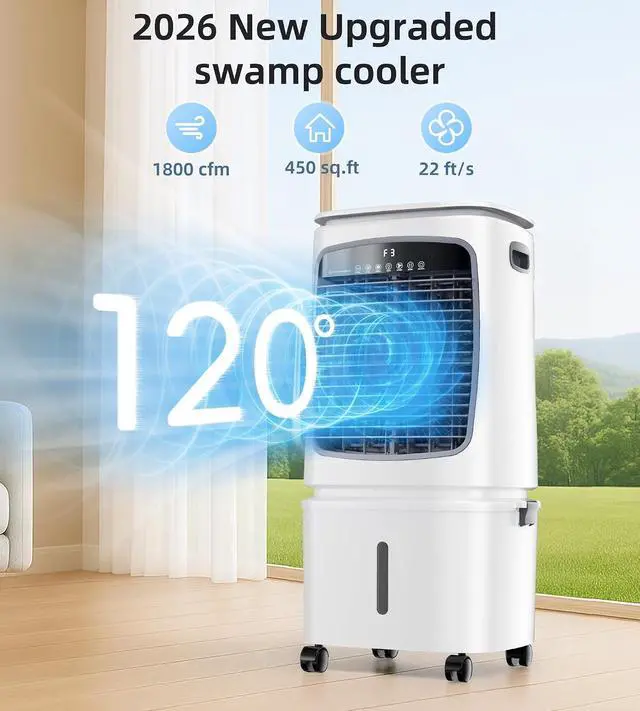 Alt view image 2 of 7 - 1800CFM Swamp Cooler, Evaporative Air Cooler for 450Sq.ft of Space, Air Cooler with 6.6-Gal Water Tank, 120°Oscillation,4 Ice Packs,12H Timer, Cooling Fans for Outdoor,Indoor Use