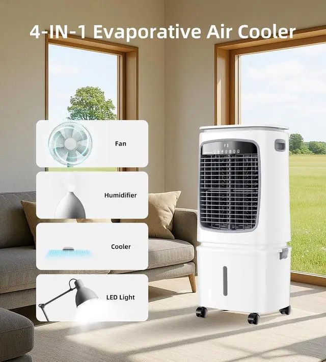 Alt view image 4 of 7 - 1800CFM Swamp Cooler, Evaporative Air Cooler for 450Sq.ft of Space, Air Cooler with 6.6-Gal Water Tank, 120°Oscillation,4 Ice Packs,12H Timer, Cooling Fans for Outdoor,Indoor Use