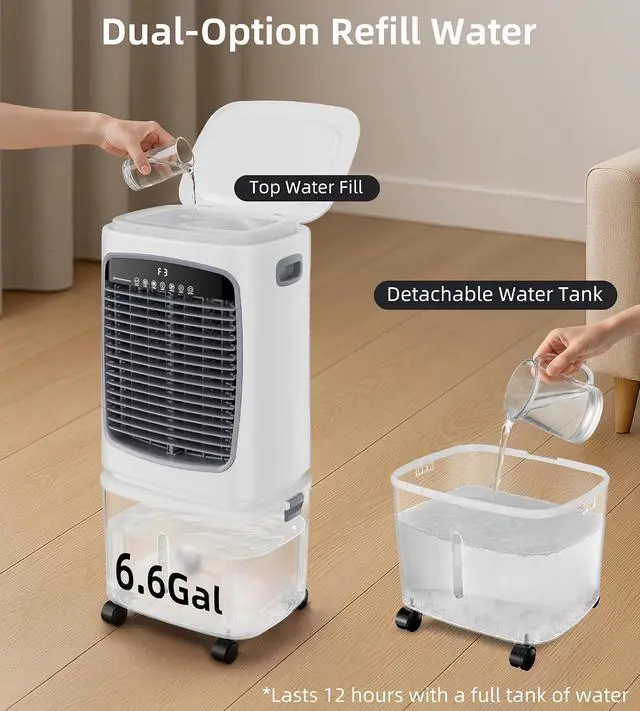 Alt view image 3 of 7 - 1800CFM Swamp Cooler, Evaporative Air Cooler for 450Sq.ft of Space, Air Cooler with 6.6-Gal Water Tank, 120°Oscillation,4 Ice Packs,12H Timer, Cooling Fans for Outdoor,Indoor Use