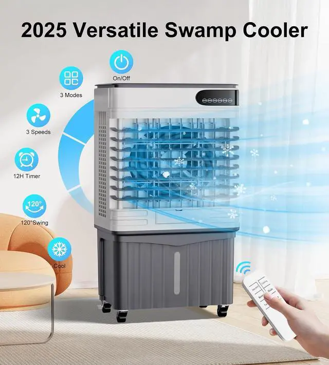 Alt view image 3 of 7 - 3600CFM Swamp Cooler,Evaporative Air Cooler with 13.5-Gal Water Tank,4 Ice Packs,Evaporative Cooler for Outdoor Patio Garage Commercial Industrial Use (40IN)