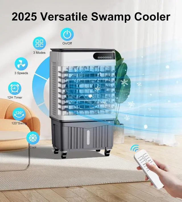 Alt view image 3 of 7 - 2500CFM Swamp Cooler,Evaporative Air Cooler with 8-Gal Water Tank,4 Ice Packs,Evaporative Cooler for Outdoor Patio Garage Commercial Industrial Use