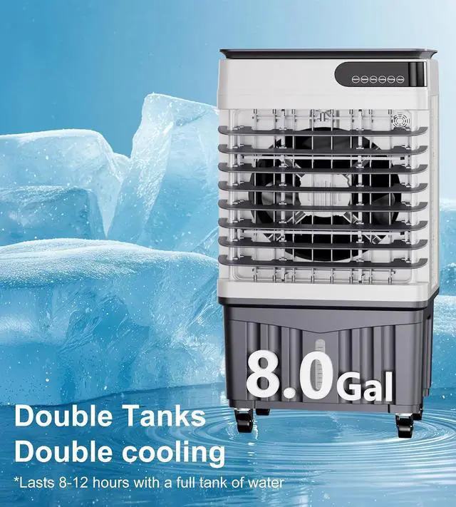 Alt view image 4 of 7 - 2500CFM Swamp Cooler,Evaporative Air Cooler with 8-Gal Water Tank,4 Ice Packs,Evaporative Cooler for Outdoor Patio Garage Commercial Industrial Use