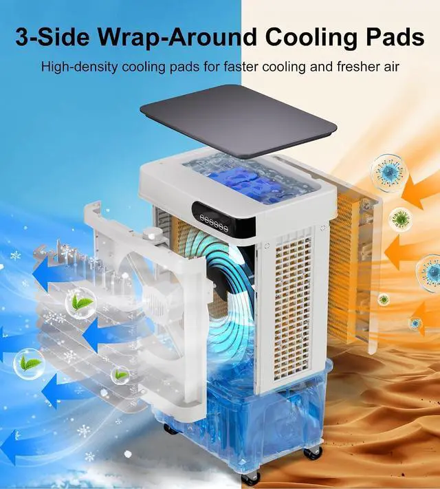 Alt view image 6 of 7 - 2500CFM Swamp Cooler,Evaporative Air Cooler with 8-Gal Water Tank,4 Ice Packs,Evaporative Cooler for Outdoor Patio Garage Commercial Industrial Use