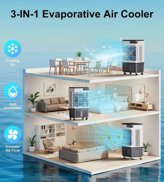 Alt view image 5 of 7 - 2500CFM Swamp Cooler,Evaporative Air Cooler with 8-Gal Water Tank,4 Ice Packs,Evaporative Cooler for Outdoor Patio Garage Commercial Industrial Use