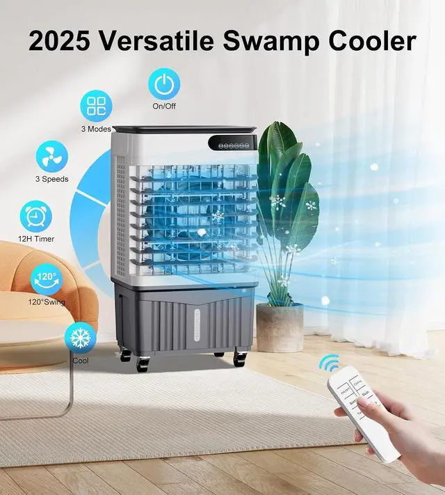 Alt view image 3 of 7 - 2300CFM Swamp Cooler,Evaporative Air Cooler with 7-Gal Water Tank,4 Ice Packs,Evaporative Cooler for Outdoor Patio Garage Commercial Industrial Use (32IN)