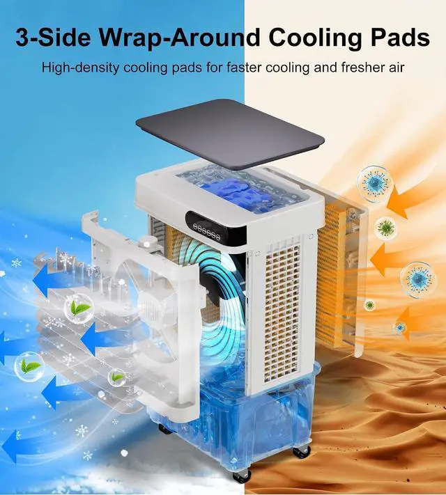 Alt view image 5 of 7 - 2300CFM Swamp Cooler,Evaporative Air Cooler with 7-Gal Water Tank,4 Ice Packs,Evaporative Cooler for Outdoor Patio Garage Commercial Industrial Use (32IN)