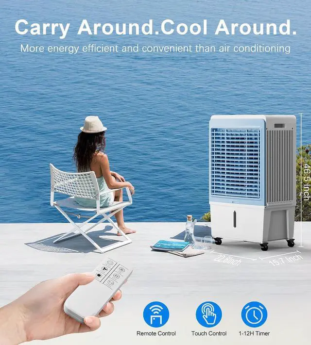 Alt view image 7 of 7 - 6000CFM Large Swamp Cooler with 13.5-Gal Water Tank,3-IN-1 Evaporative Air Cooler with Remote Control,4 Ice Packs,12H Timer, Evaporative Cooler for Indoor,Outdoor,Garage Use(47IN)