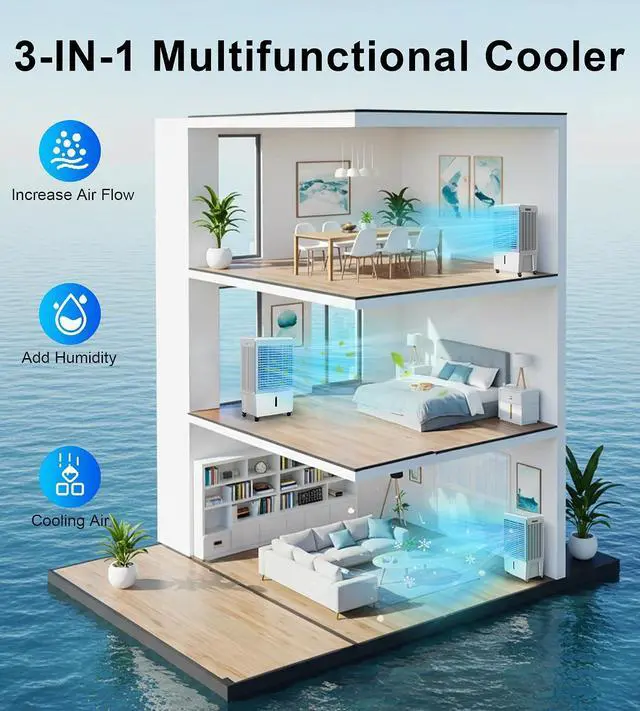 Alt view image 5 of 7 - 4129CFM Large Swamp Cooler with 11.7-Gal Water Tank,3-IN-1 Evaporative Air Cooler with Remote Control,4 Ice Packs,12H Timer, Evaporative Cooler for Indoor,Outdoor,Garage Use(43IN)