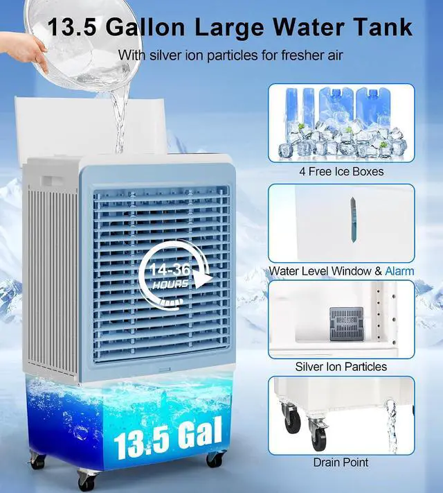 Alt view image 4 of 7 - 6000CFM Large Swamp Cooler with 13.5-Gal Water Tank,3-IN-1 Evaporative Air Cooler with Remote Control,4 Ice Packs,12H Timer, Evaporative Cooler for Indoor,Outdoor,Garage Use(47IN)