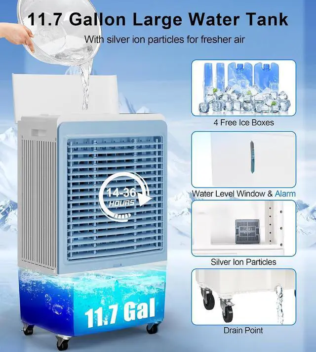 Alt view image 4 of 7 - 4129CFM Large Swamp Cooler with 11.7-Gal Water Tank,3-IN-1 Evaporative Air Cooler with Remote Control,4 Ice Packs,12H Timer, Evaporative Cooler for Indoor,Outdoor,Garage Use(43IN)